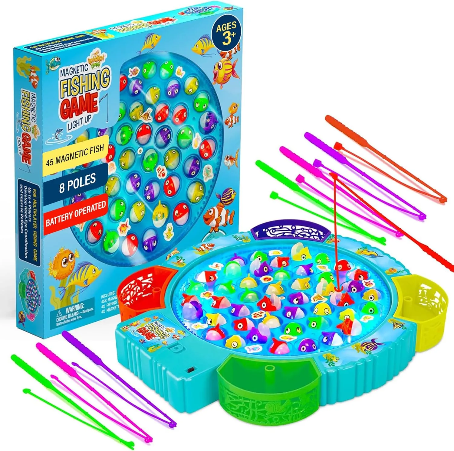 IPIDIPI TOYS Fishing Game for Kids - Magnetic Fishing Set for Toddlers - Rotating Fish Board with Music, Educational, Fine Motor Skill Activity for Boys and Girls - 45 Fish, 8 Poles