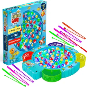 IPIDIPI TOYS Fishing Game for Kids - Magnetic Fishing Set for Toddlers - Rotating Fish Board with Music, Educational, Fine Motor Skill Activity for Boys and Girls - 45 Fish, 8 Poles