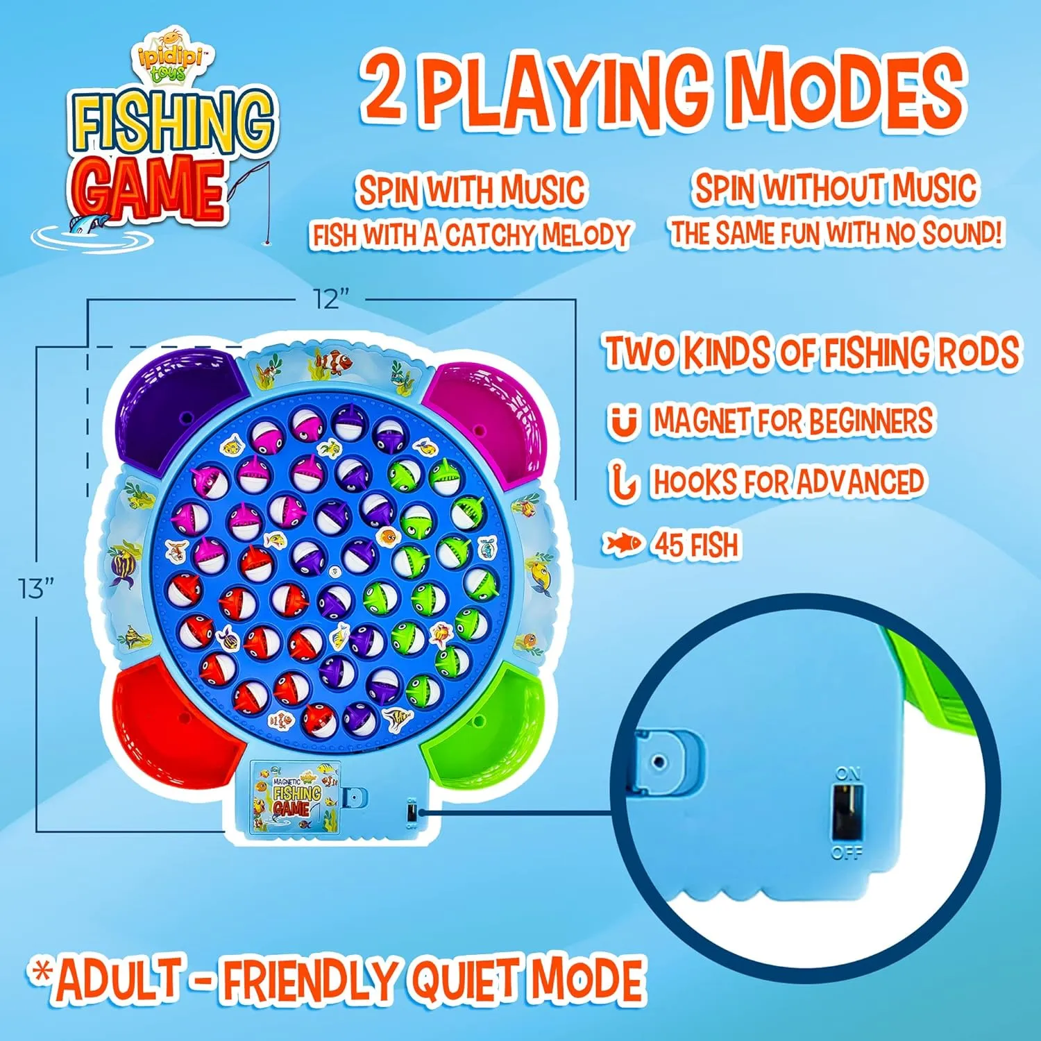 IPIDIPI TOYS Fishing Game for Kids - Magnetic Fishing Set for Toddlers - Rotating Fish Board with Music, Educational, Fine Motor Skill Activity for Boys and Girls - 45 Fish, 8 Poles