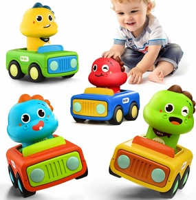iPlay, iLearn Press to Go Car Toys for Toddlers 1-3, Baby Animal Race Cars, Infant Play Vehicle Set, Boy Push Go Friction Dino Cars for 6-9-12-18 Month, 1st Birthday Gift Stuffer for 1-2 Years Old Kid
