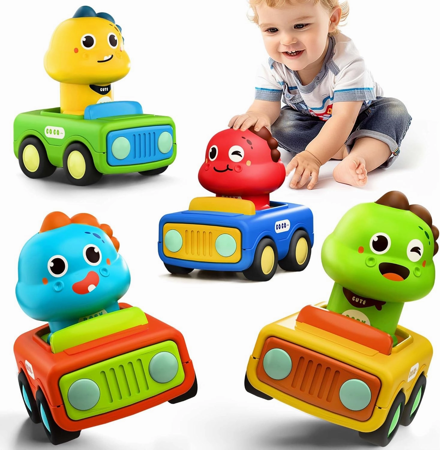 iPlay, iLearn Press to Go Car Toys for Toddlers 1-3, Baby Animal Race Cars, Infant Play Vehicle Set, Boy Push Go Friction Dino Cars for 6-9-12-18 Month, 1st Birthday Gift Stuffer for 1-2 Years Old Kid