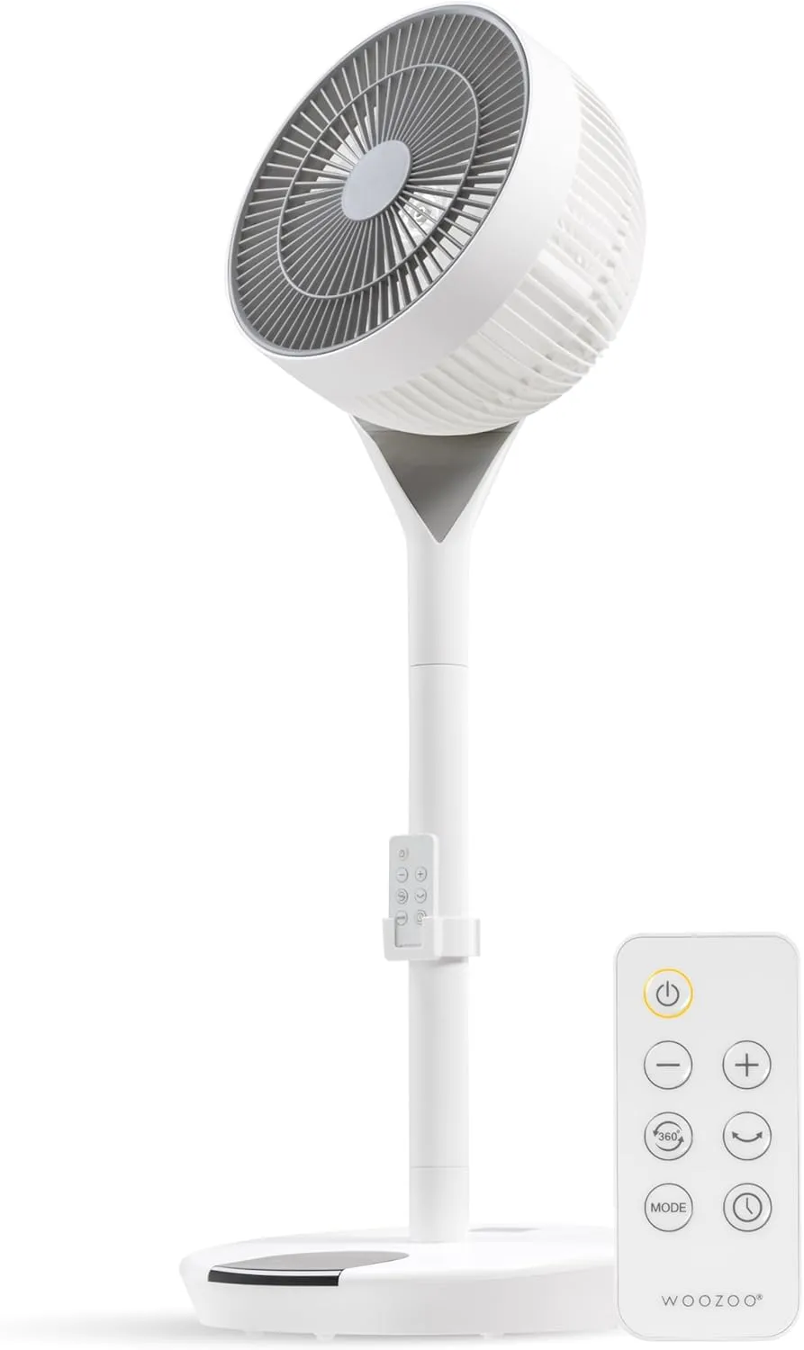 IRIS USA WOOZOO Air Circulator Pedestal Fan with Remote, 360° Oscillation, 12 Speeds, Low Noise DC Motor, 8h Timer, Touch Panel, Height Adjustable, Office, Dorm, Living Room, Bedroom Fan, White/Gray