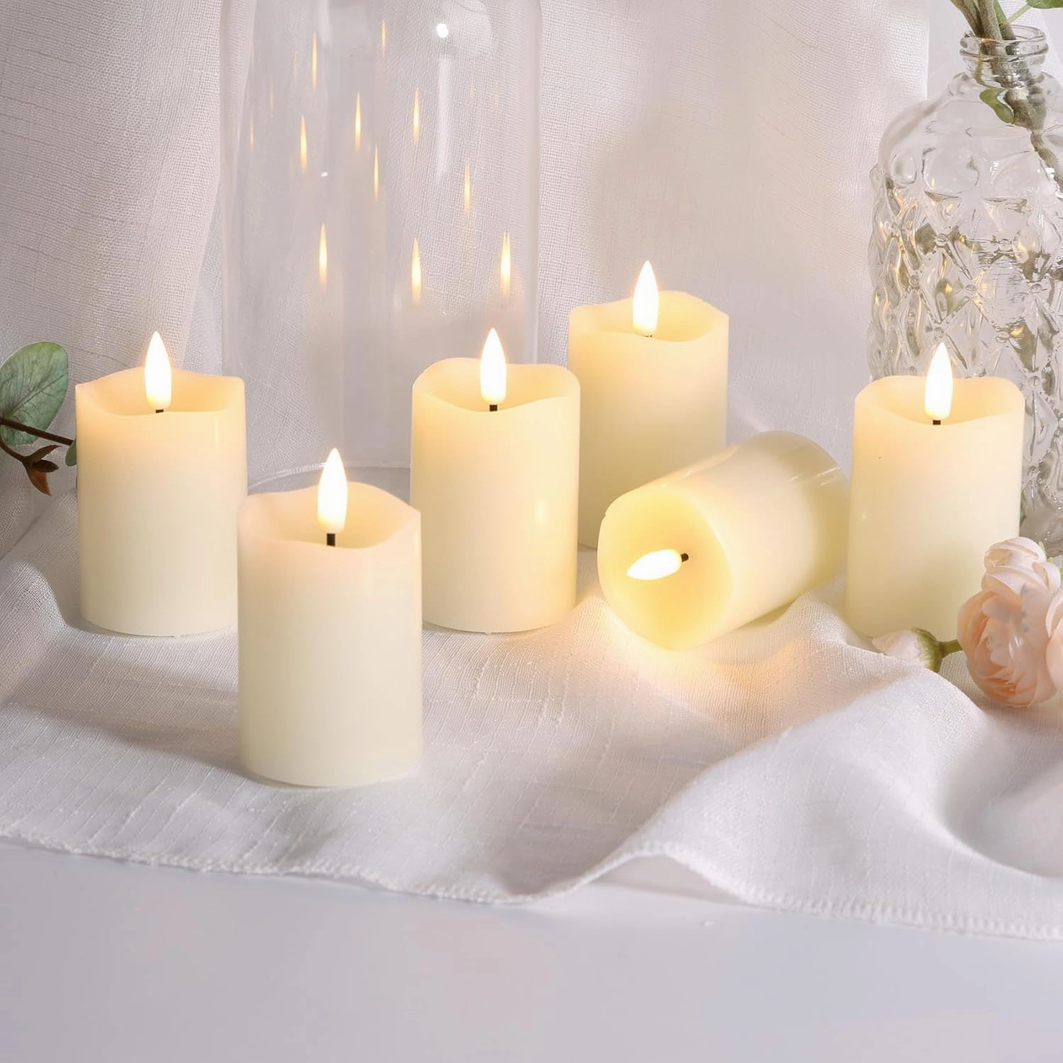 Ivory Flameless Votive Candles with Remote Batteries, Real Wax Flickering LED Pillar Candles Φ 2" H 3"