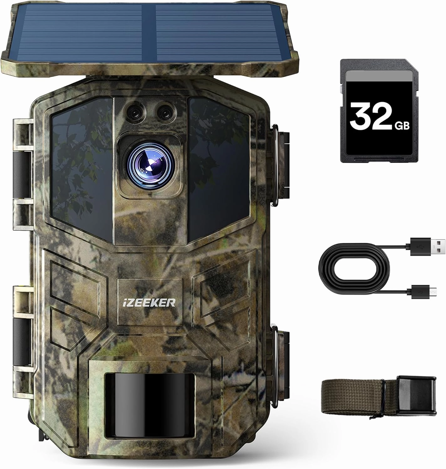 iZEEKER Trail Camera Solar, 4K 48MP Game Cameras with Night Vision Motion Activated IP66 Waterproof, 0.1s Trigger Time, High Capacity Built-in Lithium Battery for Wildlife Watching with 32GB SD Card
