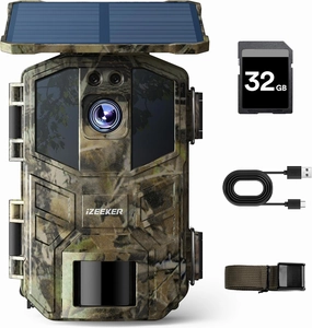 iZEEKER Trail Camera Solar, 4K 48MP Game Cameras with Night Vision Motion Activated IP66 Waterproof, 0.1s Trigger Time, High Capacity Built-in Lithium Battery for Wildlife Watching with 32GB SD Card