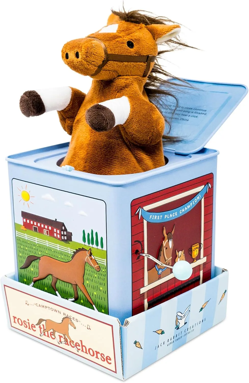 Jack Rabbit Creations: Rosie The Racehorse - Classic Music Jack in The Box Toy, Plush Brown Horse, Side Crank Plays Song, Surprise Pop-Up, Kids Age 3 