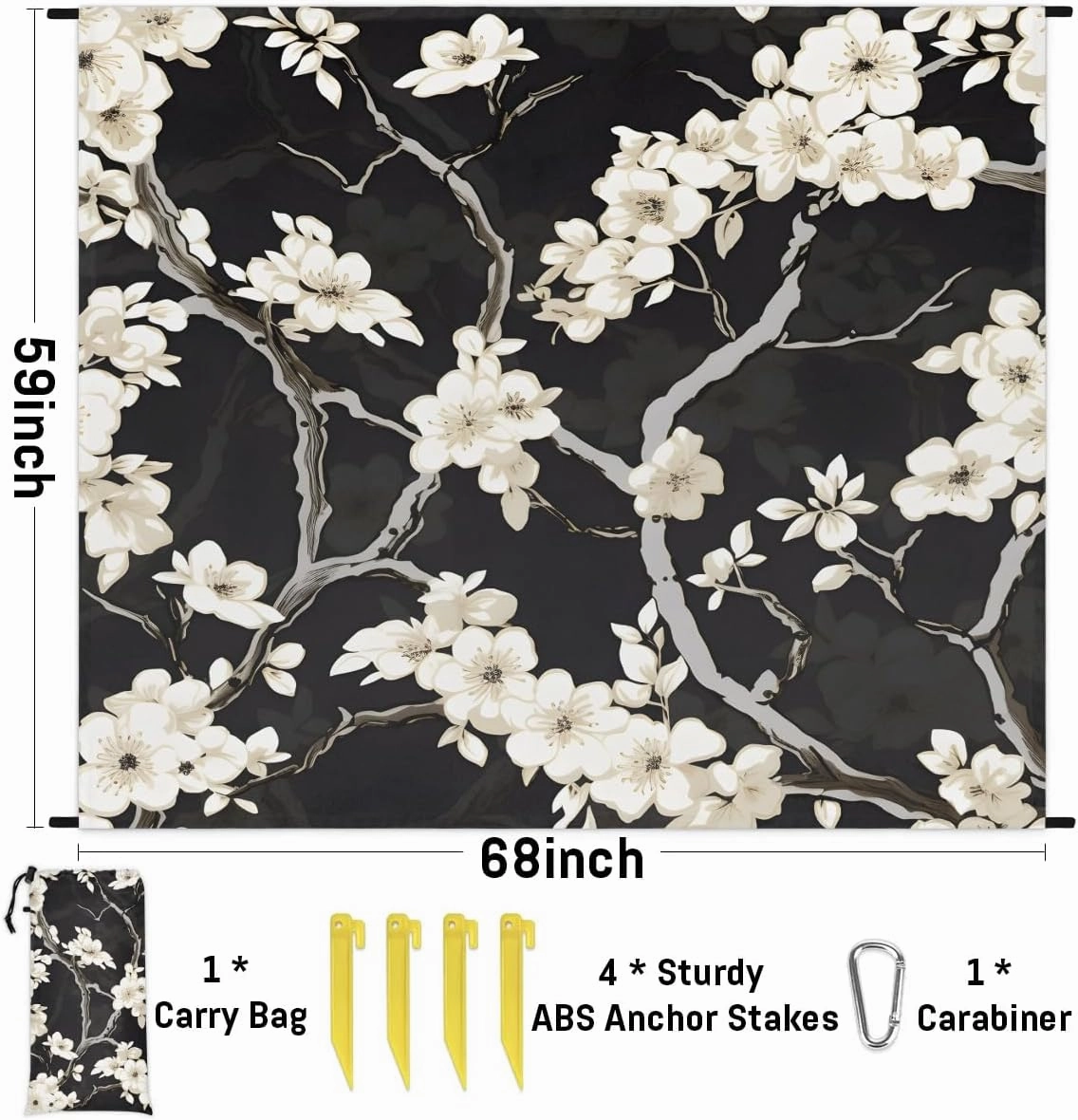 Japaneses Cherry Bloom Beach Blanket, Sandproof Beach Mat, 68 x 59 Waterproof Quick Drying Sand Free Mat with 4 x Ground Spikes for Outdoor Travel Camping Hiking, Retro Flower
