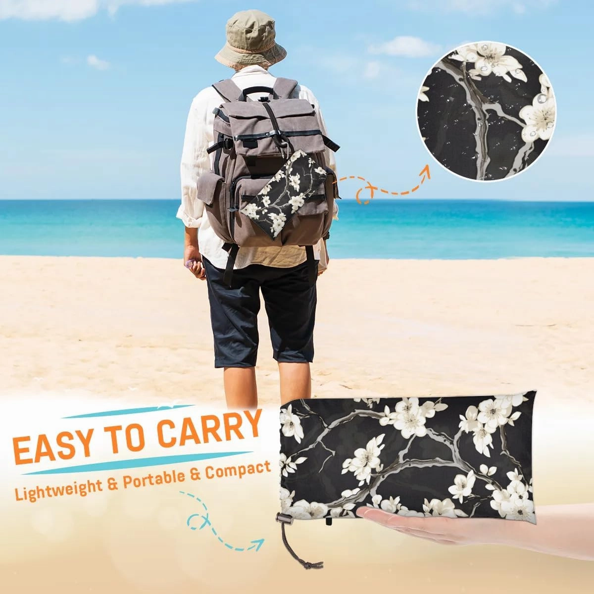 Japaneses Cherry Bloom Beach Blanket, Sandproof Beach Mat, 68 x 59 Waterproof Quick Drying Sand Free Mat with 4 x Ground Spikes for Outdoor Travel Camping Hiking, Retro Flower
