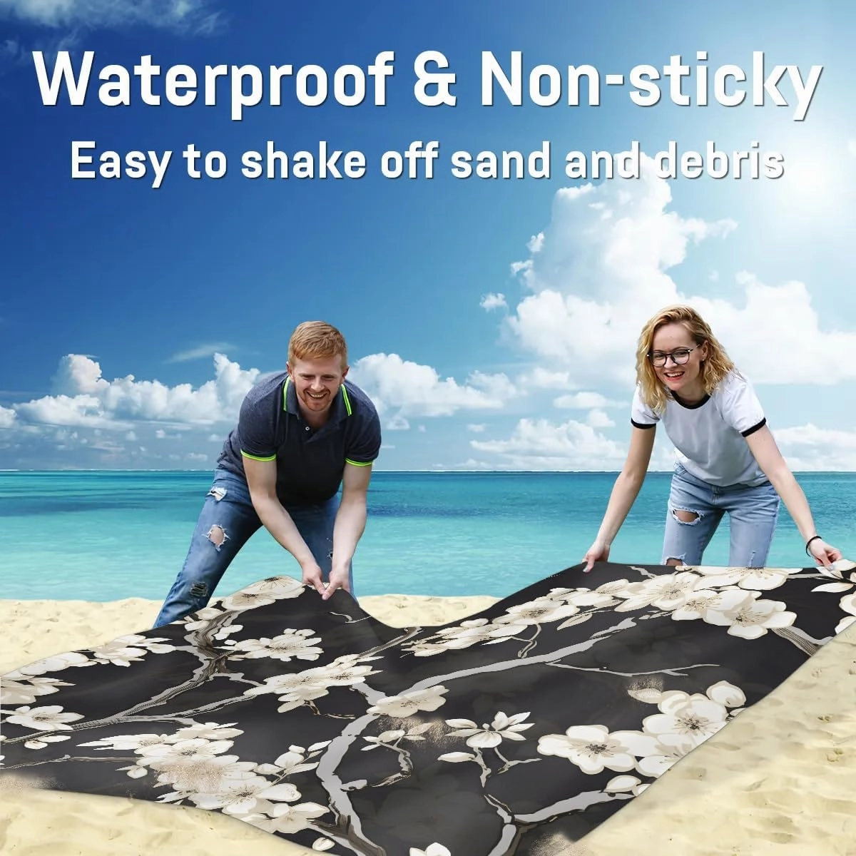 Japaneses Cherry Bloom Beach Blanket, Sandproof Beach Mat, 68 x 59 Waterproof Quick Drying Sand Free Mat with 4 x Ground Spikes for Outdoor Travel Camping Hiking, Retro Flower