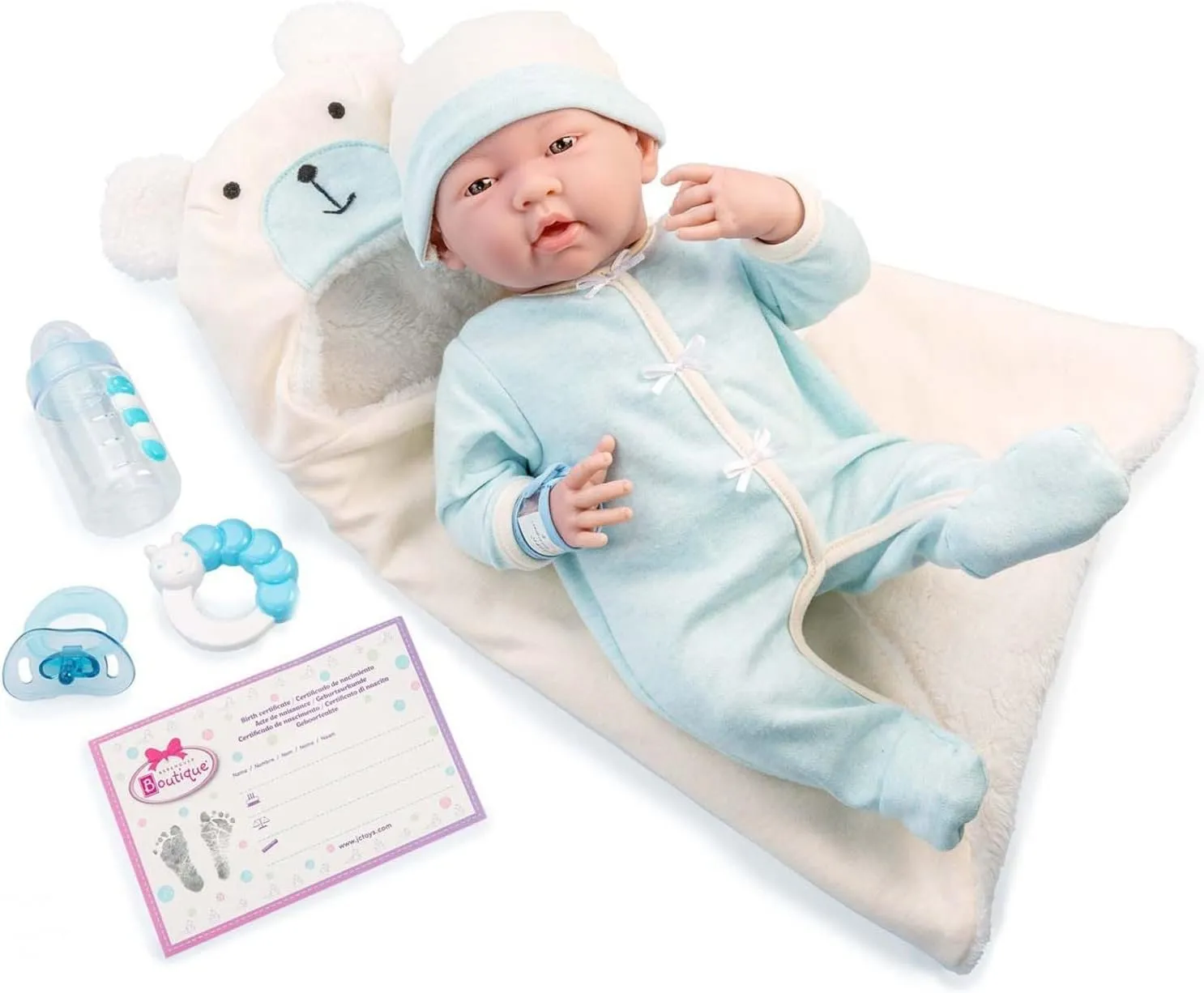 JC Toys - La Newborn Nursery | 8 Piece Bunting Soft Body Baby Doll Gift Set | 15.5" Life-Like Soft and Posable Newborn Doll with Accessories | Blue Bear| Light Blue | Ages 2  (18790)
