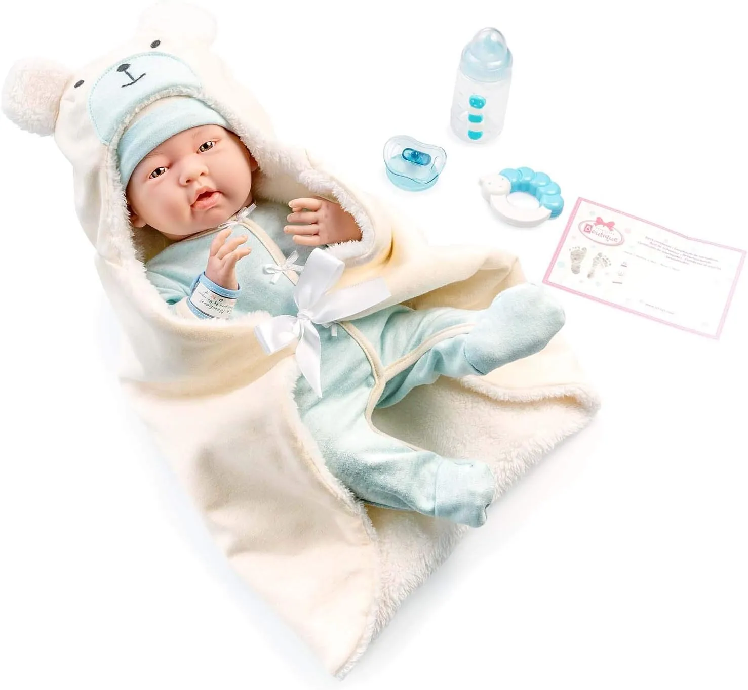 JC Toys - La Newborn Nursery | 8 Piece Bunting Soft Body Baby Doll Gift Set | 15.5" Life-Like Soft and Posable Newborn Doll with Accessories | Blue Bear| Light Blue | Ages 2  (18790)