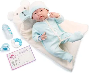JC Toys - La Newborn Nursery | 8 Piece Bunting Soft Body Baby Doll Gift Set | 15.5" Life-Like Soft and Posable Newborn Doll with Accessories | Blue Bear| Light Blue | Ages 2  (18790)