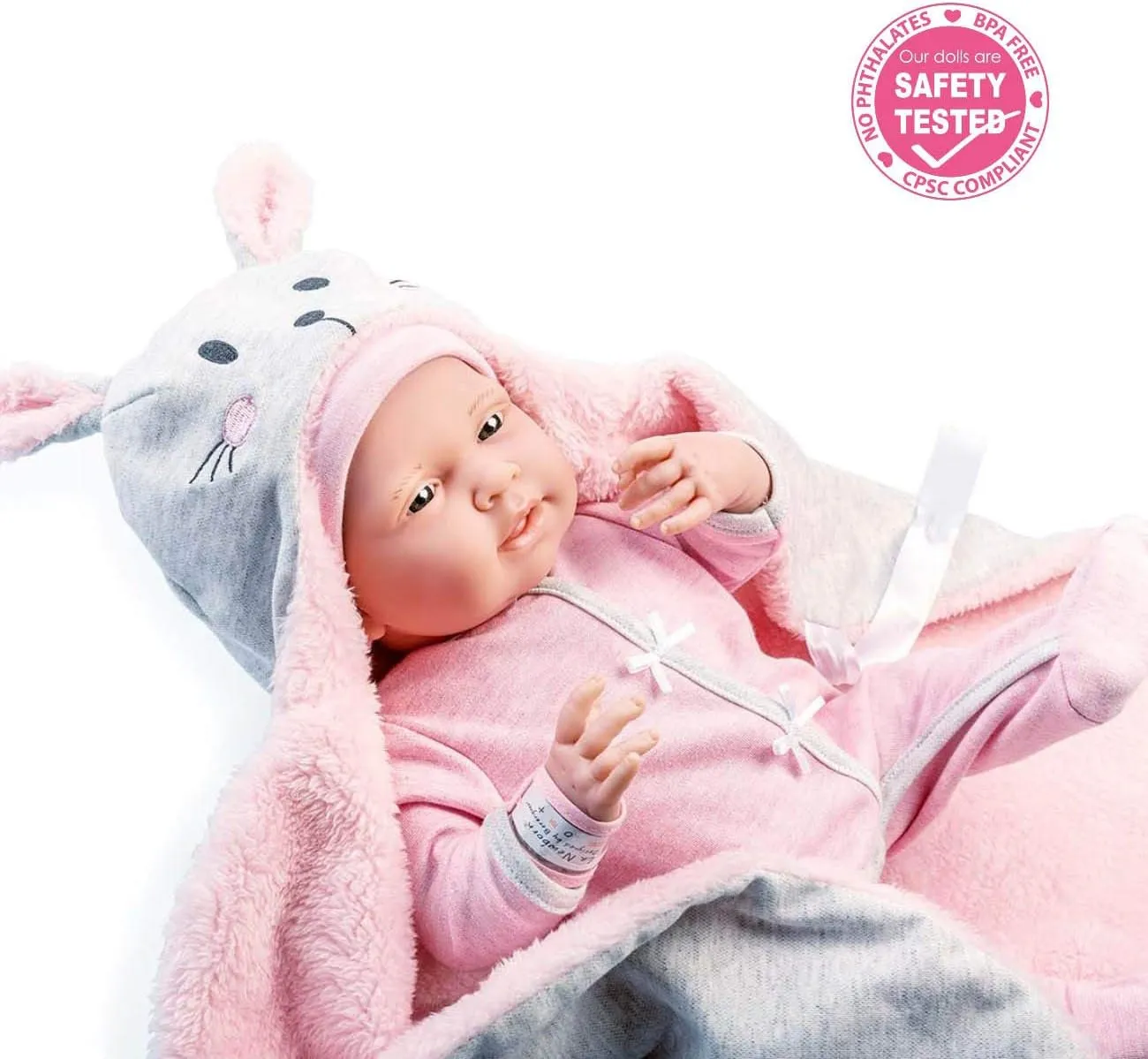 JC Toys - La Newborn Nursery | 8 Piece Bunting Soft Body Baby Doll Gift Set | 15.5" Life-Like Soft and Posable Newborn Doll with Accessories | Pink Bunny| Ages 2  (18789)