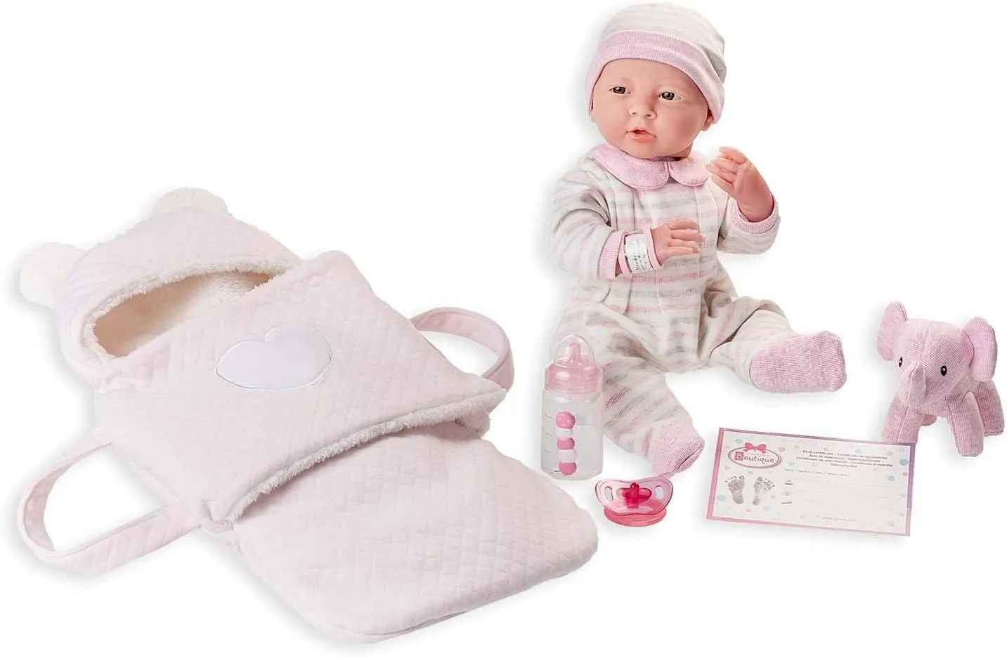 JC Toys - La Newborn Nursery | Deluxe Carry Basket Soft Body Baby Doll 8 Piece Gift Set | 15.5" Life-Like Posable Newborn Doll w/Accessories | Elephant Theme| Ages 2 