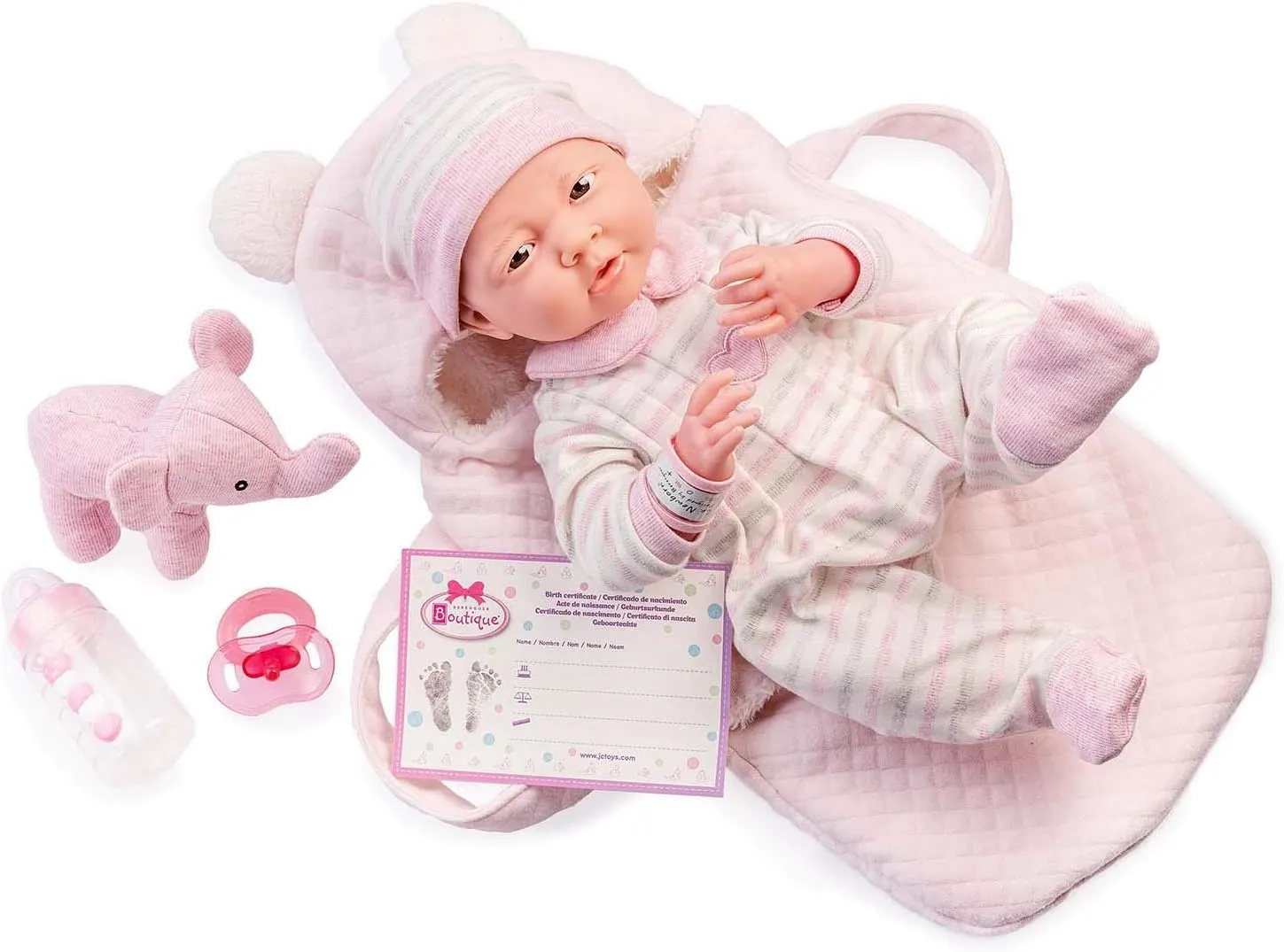 JC Toys - La Newborn Nursery | Deluxe Carry Basket Soft Body Baby Doll 8 Piece Gift Set | 15.5" Life-Like Posable Newborn Doll w/Accessories | Elephant Theme| Ages 2 