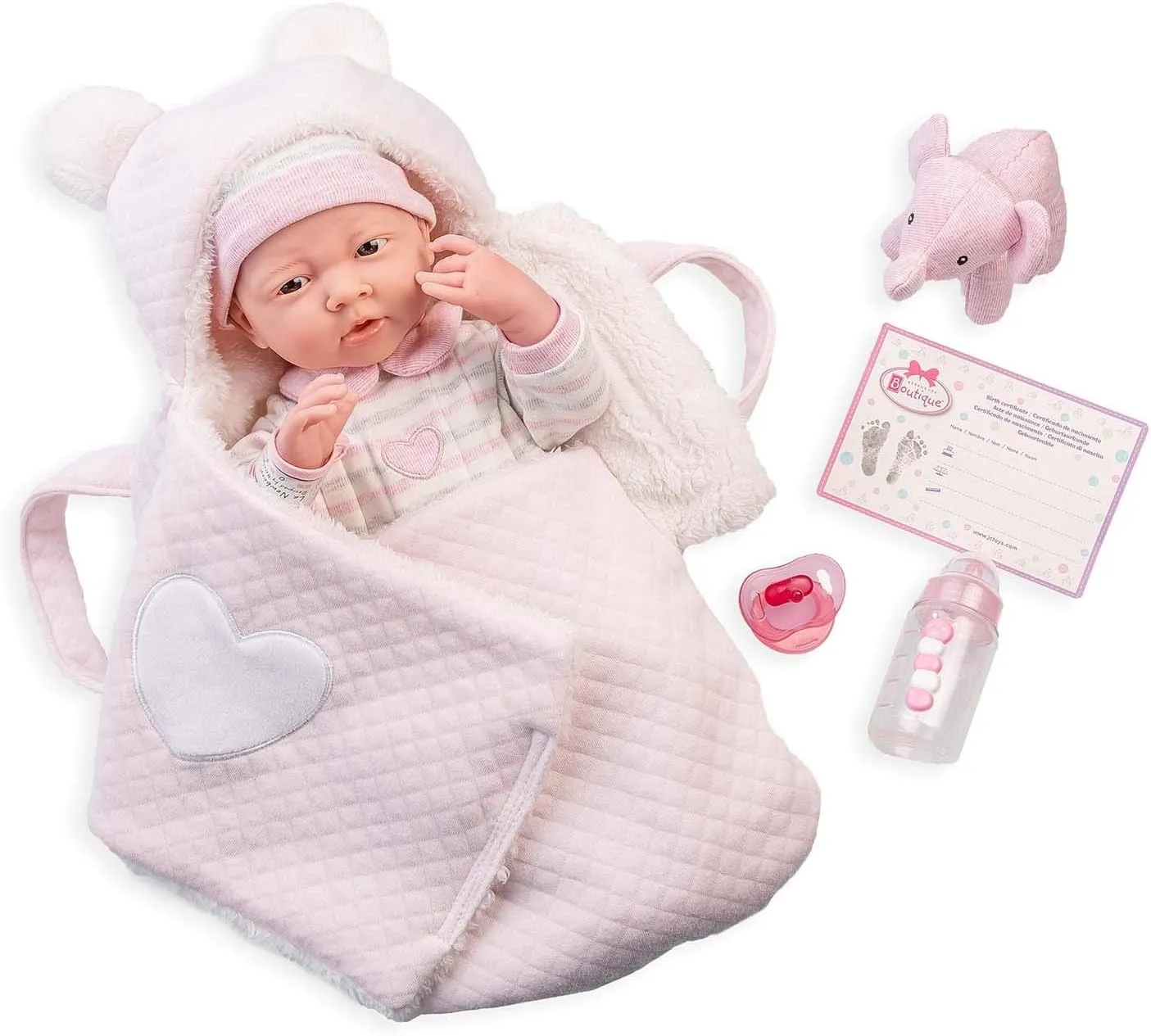 JC Toys - La Newborn Nursery | Deluxe Carry Basket Soft Body Baby Doll 8 Piece Gift Set | 15.5" Life-Like Posable Newborn Doll w/Accessories | Elephant Theme| Ages 2 