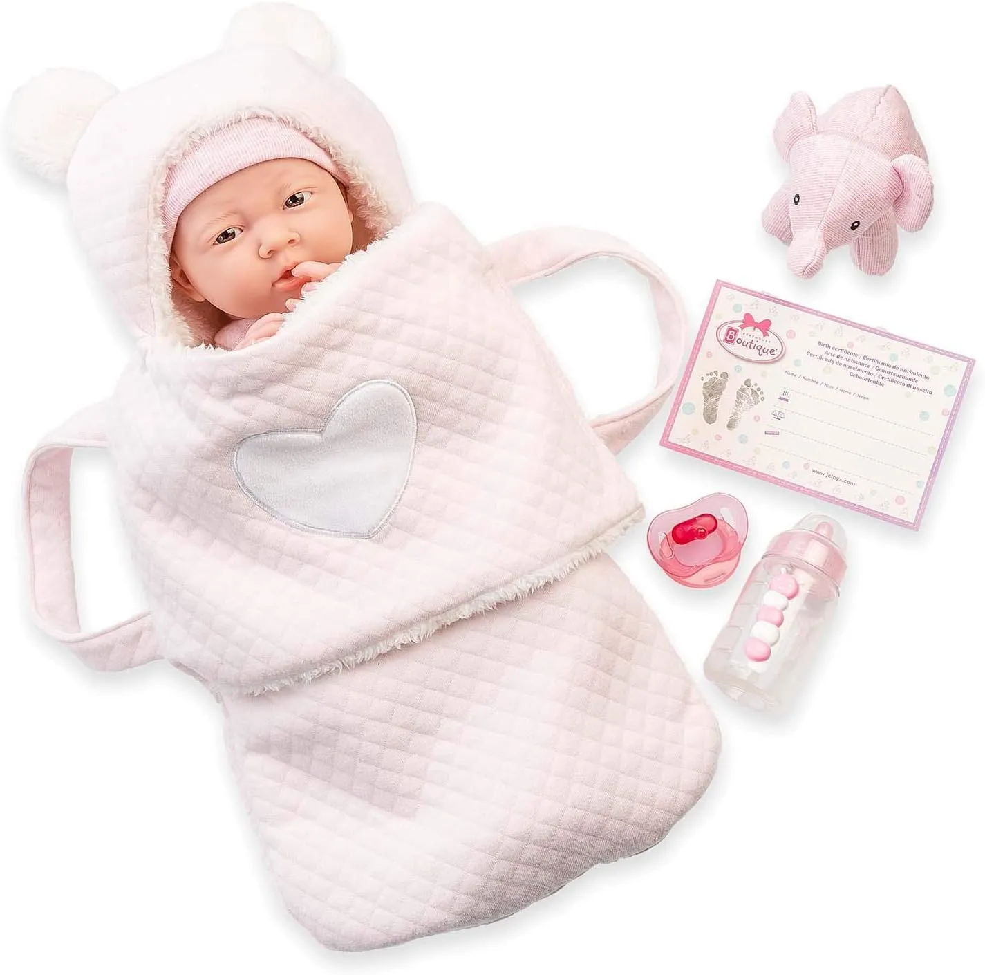 JC Toys - La Newborn Nursery | Deluxe Carry Basket Soft Body Baby Doll 8 Piece Gift Set | 15.5" Life-Like Posable Newborn Doll w/Accessories | Elephant Theme| Ages 2 