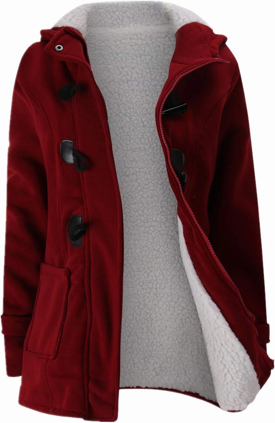 JiangWu Womens Fashion Horn Button Fleece Thicken Coat with Hood Winter Warm Jacket