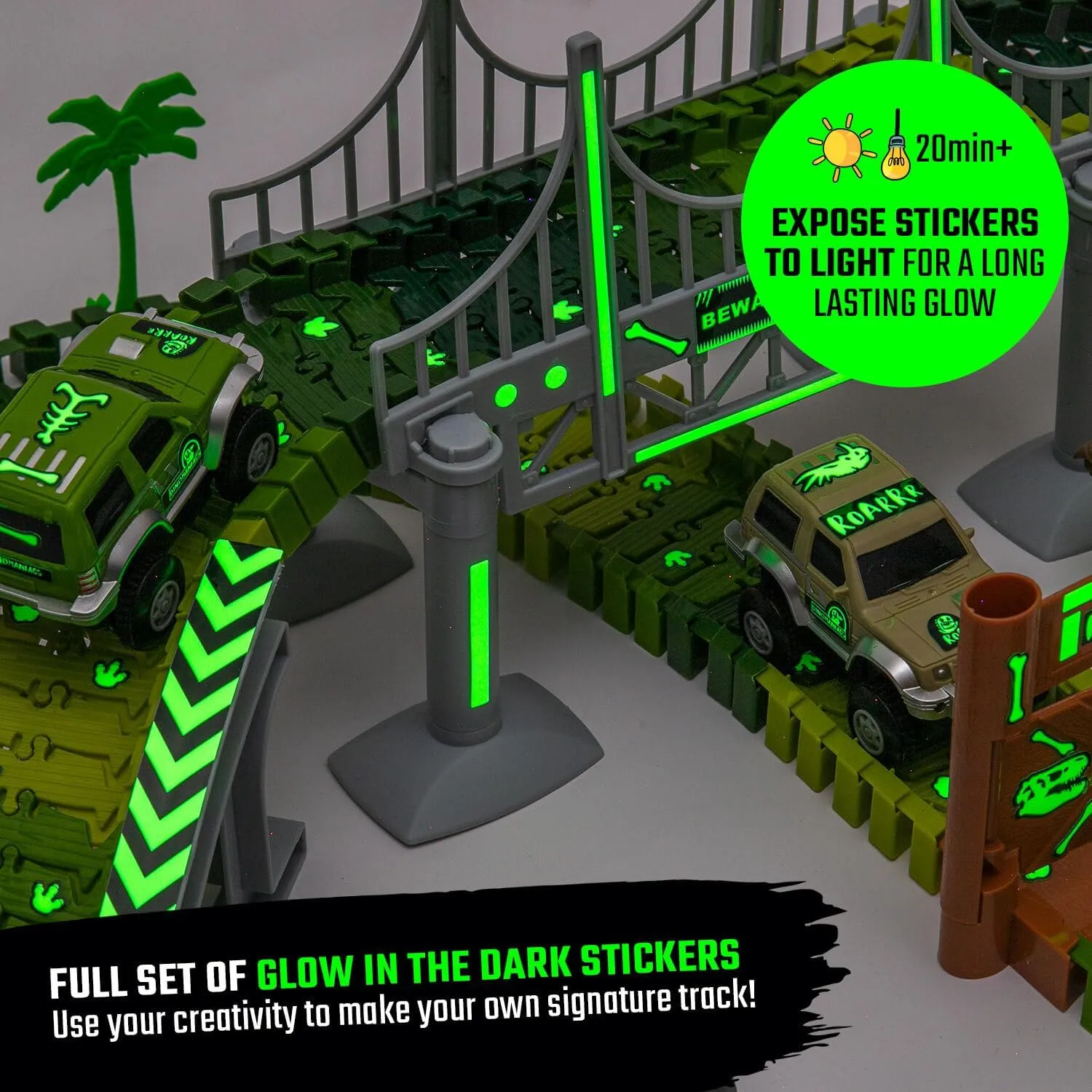 JITTERYGIT Dinosaur Jurassic Race Track Train Glow in The Dark World Toy Set, Kids Dino Racetrack Park Includes T-Rex & Triceratops Playset - Best Birthday Gift for Boys & Girls 3 4 5 6 7 8 Year Old
