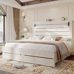 Jocisland King Size Farmhouse Bed Frame with 51" Headboard, LED Reading Lights, Rustic Wood Look, No Box Spring Needed, Ash White
