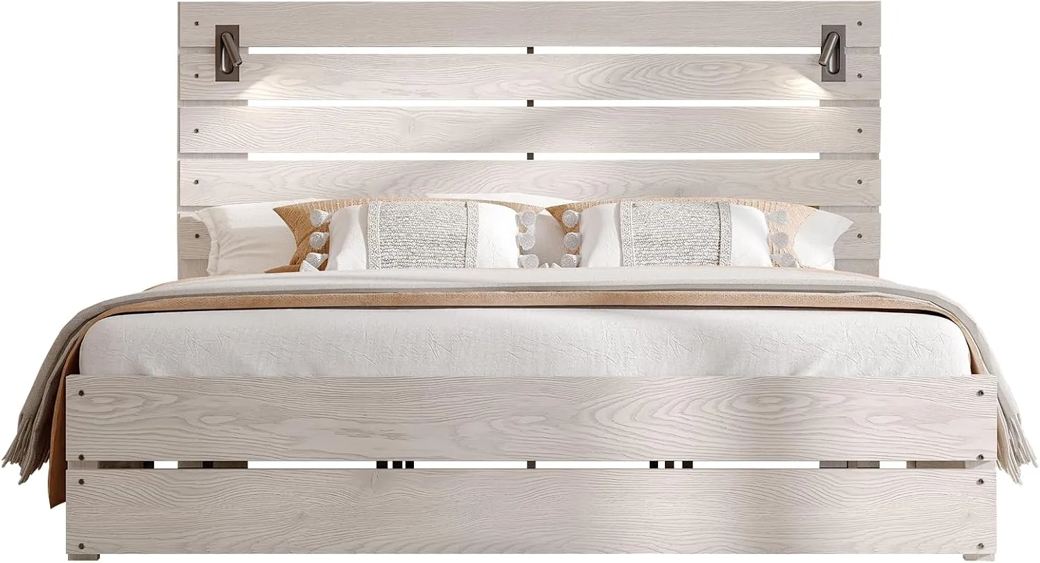 Jocisland King Size Farmhouse Bed Frame with 51" Headboard, LED Reading Lights, Rustic Wood Look, No Box Spring Needed, Ash White