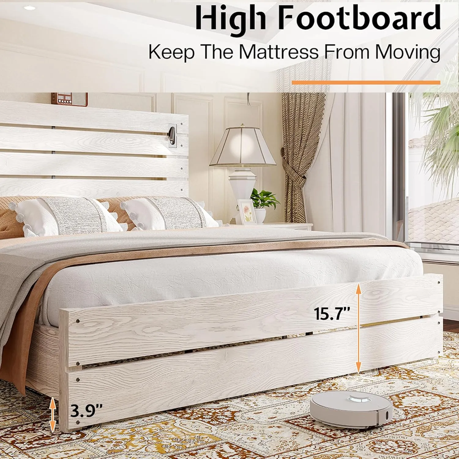 Jocisland King Size Farmhouse Bed Frame with 51" Headboard, LED Reading Lights, Rustic Wood Look, No Box Spring Needed, Ash White