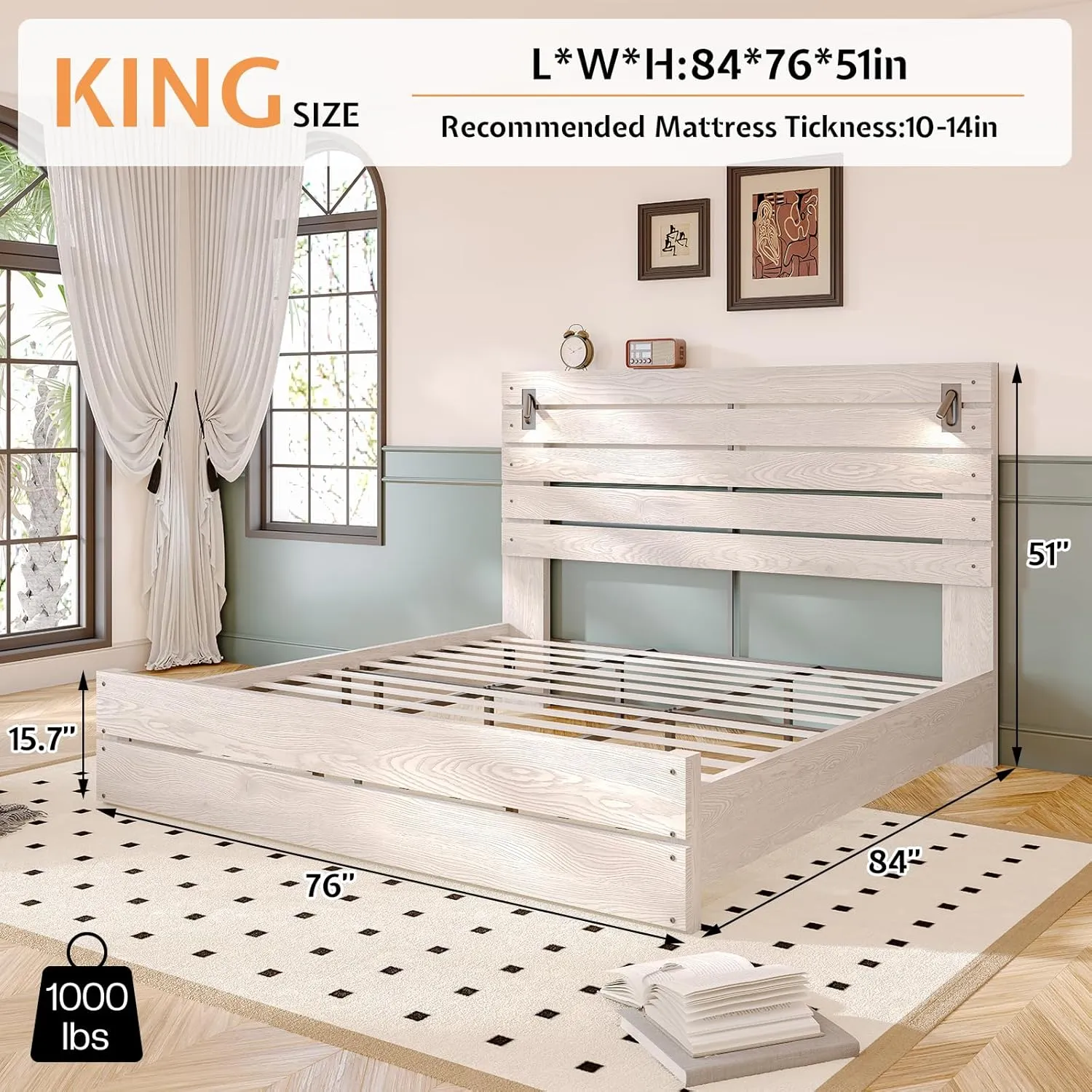 Jocisland King Size Farmhouse Bed Frame with 51" Headboard, LED Reading Lights, Rustic Wood Look, No Box Spring Needed, Ash White