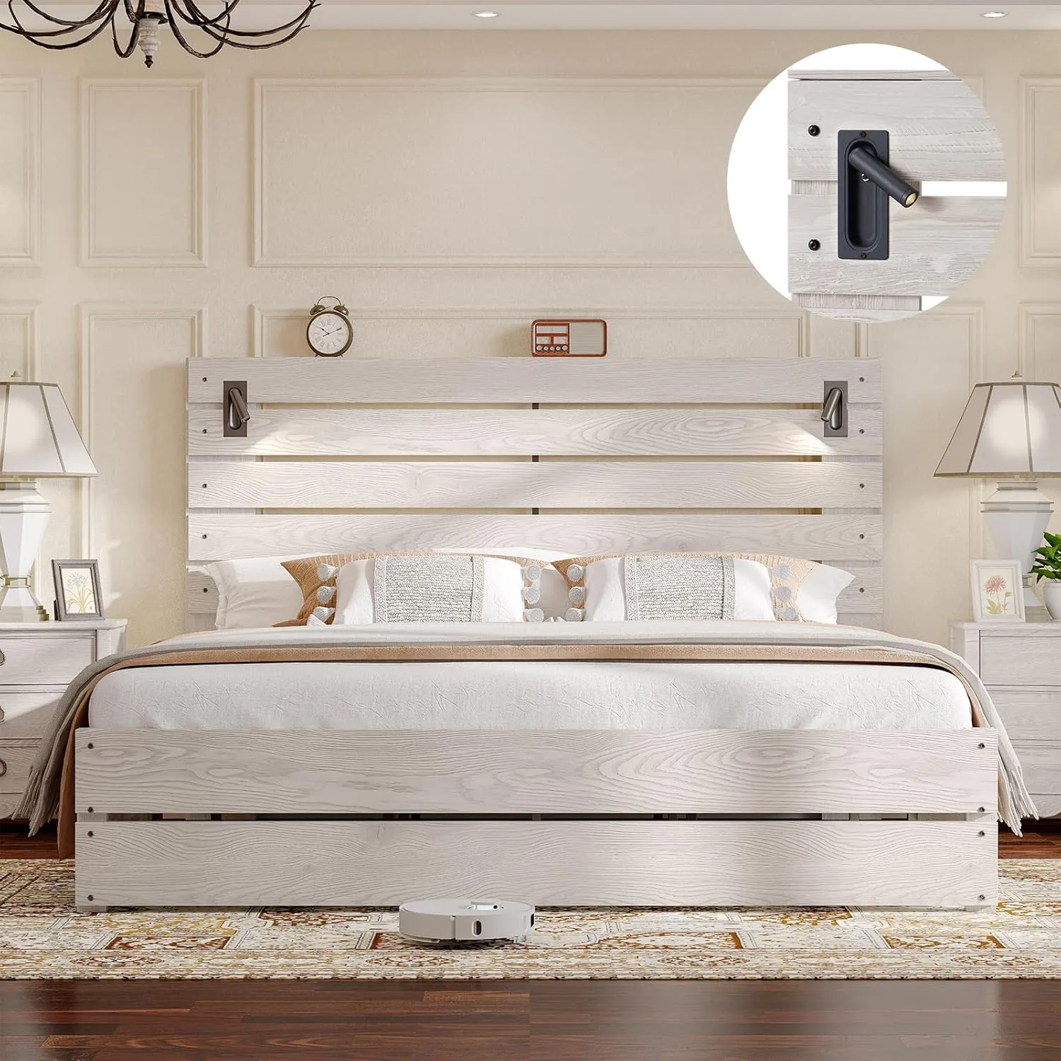 Jocisland King Size Farmhouse Bed Frame with 51" Headboard, LED Reading Lights, Rustic Wood Look, No Box Spring Needed, Ash White