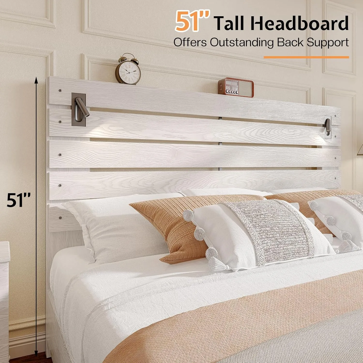 Jocisland King Size Farmhouse Bed Frame with 51" Headboard, LED Reading Lights, Rustic Wood Look, No Box Spring Needed, Ash White