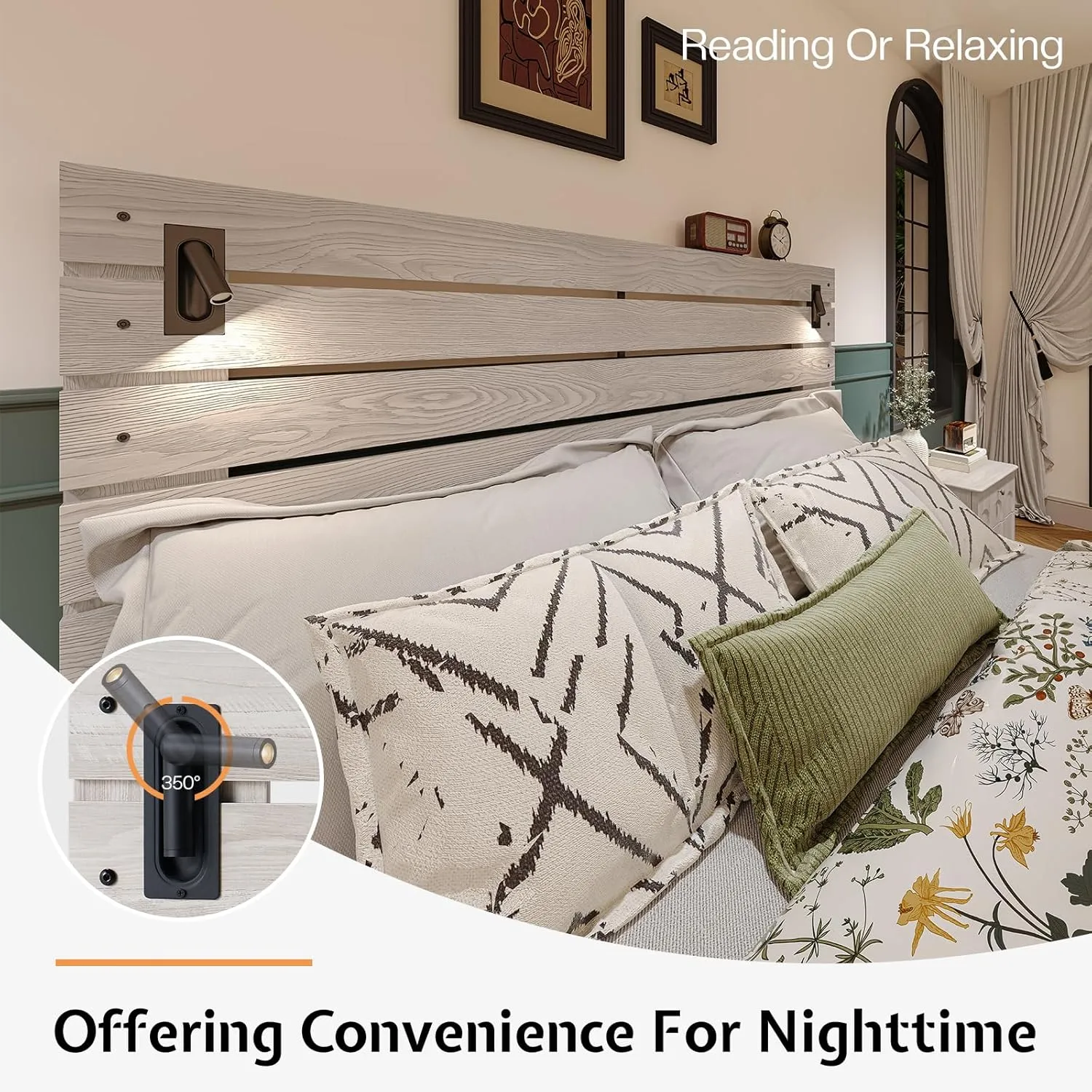 Jocisland King Size Farmhouse Bed Frame with 51" Headboard, LED Reading Lights, Rustic Wood Look, No Box Spring Needed, Ash White
