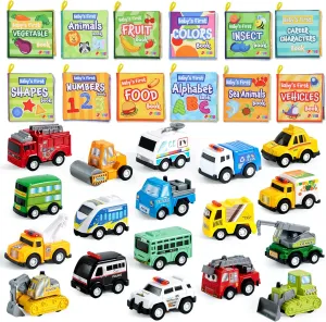 JOYIN 12 Pcs Baby Bath Books with 18 Pcs Pull Back City Cars and Trucks Toy Vehicles Set, Toys for Toddlers, Boys, Girls’ Educational Play, Goodie Bags Easter Basket Stuffers