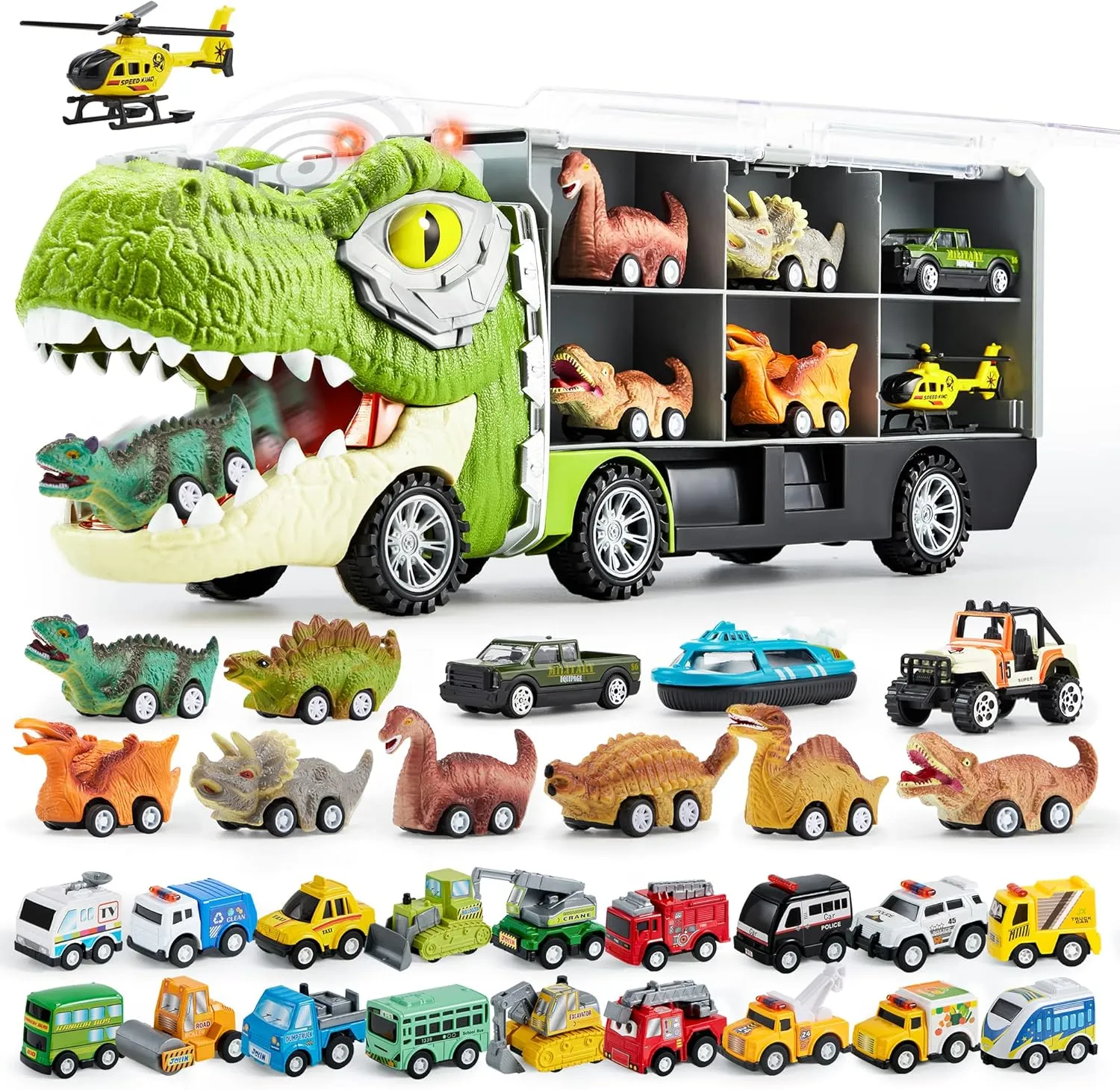 JOYIN 31PCS Dinasaur Toy Set, with 12 Pull Back Dinosaur Car Vehicles, 1 Toy Dinosaur Transport Carrier Truck with Music and Roaring Sound, 18 Piece Pull Back City Cars and Trucks Toy Vehicle