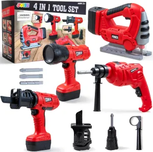 JOYIN 4-in-1 Kids Tool Set, Pretend Play Toddler Tool Toys, Construction Playset with Flashlight, Saw Tools and Electric Drill for Boy Girl Halloween Present Birthday Dress Up Party Favors