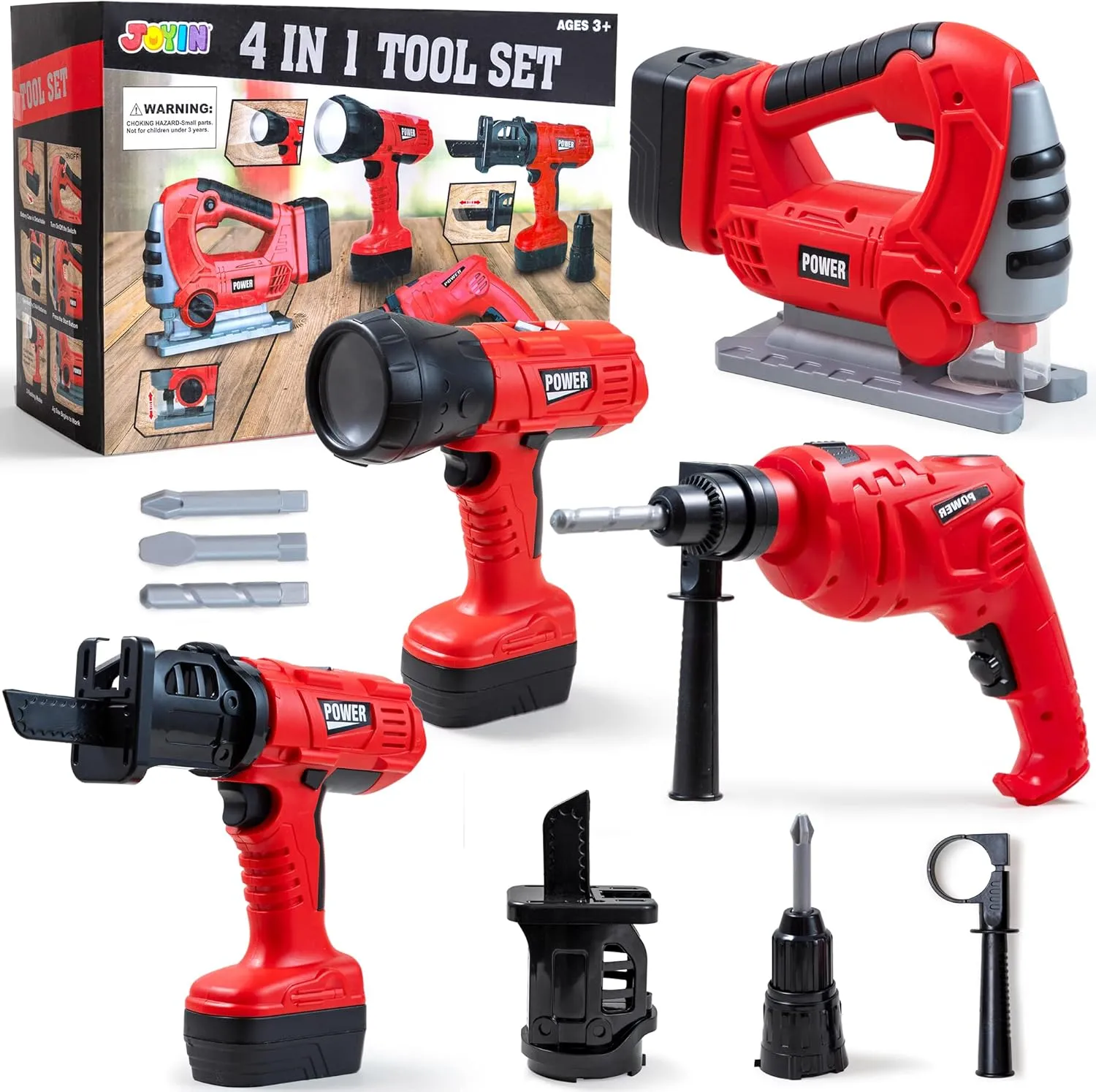 JOYIN 4-in-1 Kids Tool Set, Pretend Play Toddler Tool Toys, Construction Playset with Flashlight, Saw Tools and Electric Drill for Boy Girl Halloween Present Birthday Dress Up Party Favors