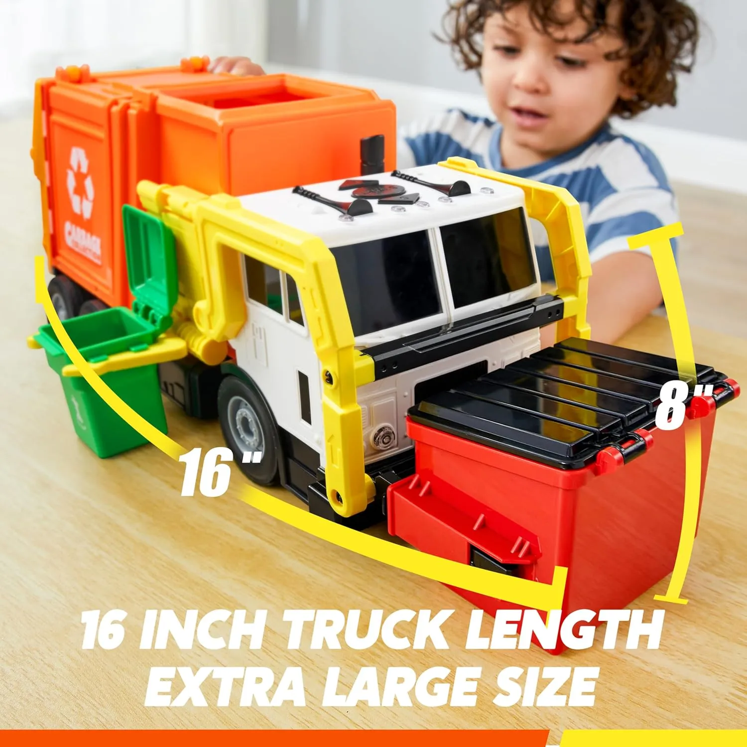 JOYIN Large Friction Powered Garbage Truck Toy Set, Includes Dumpster, Trash Bins, and Learning Cards for Kids, Orange