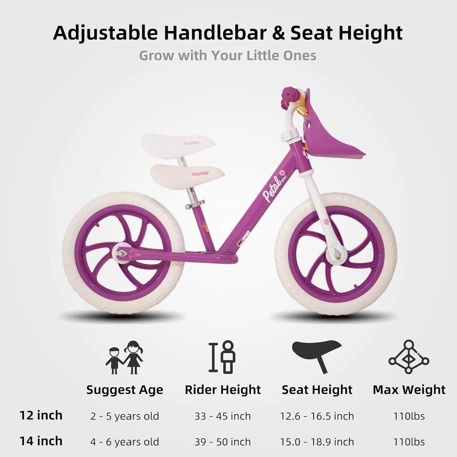 JOYSTAR 12/14 Inch Kids Balance Bike for 18months-5 Years Old Boys Girls, Lightweight Toddler Balance Bikes with Footrest and Handlebar Basket or Doll Seat