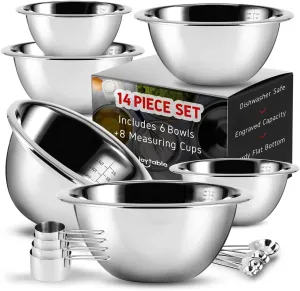 JOYTABLE 14 Piece Mixing Bowls With Measuring Cups And Spoons Set - Premium Stainless Steel Mixing Bowls Set - Nesting & Stable Metal Mixing Bowls Great For Kitchen, Baking, Cooking, Or Prep