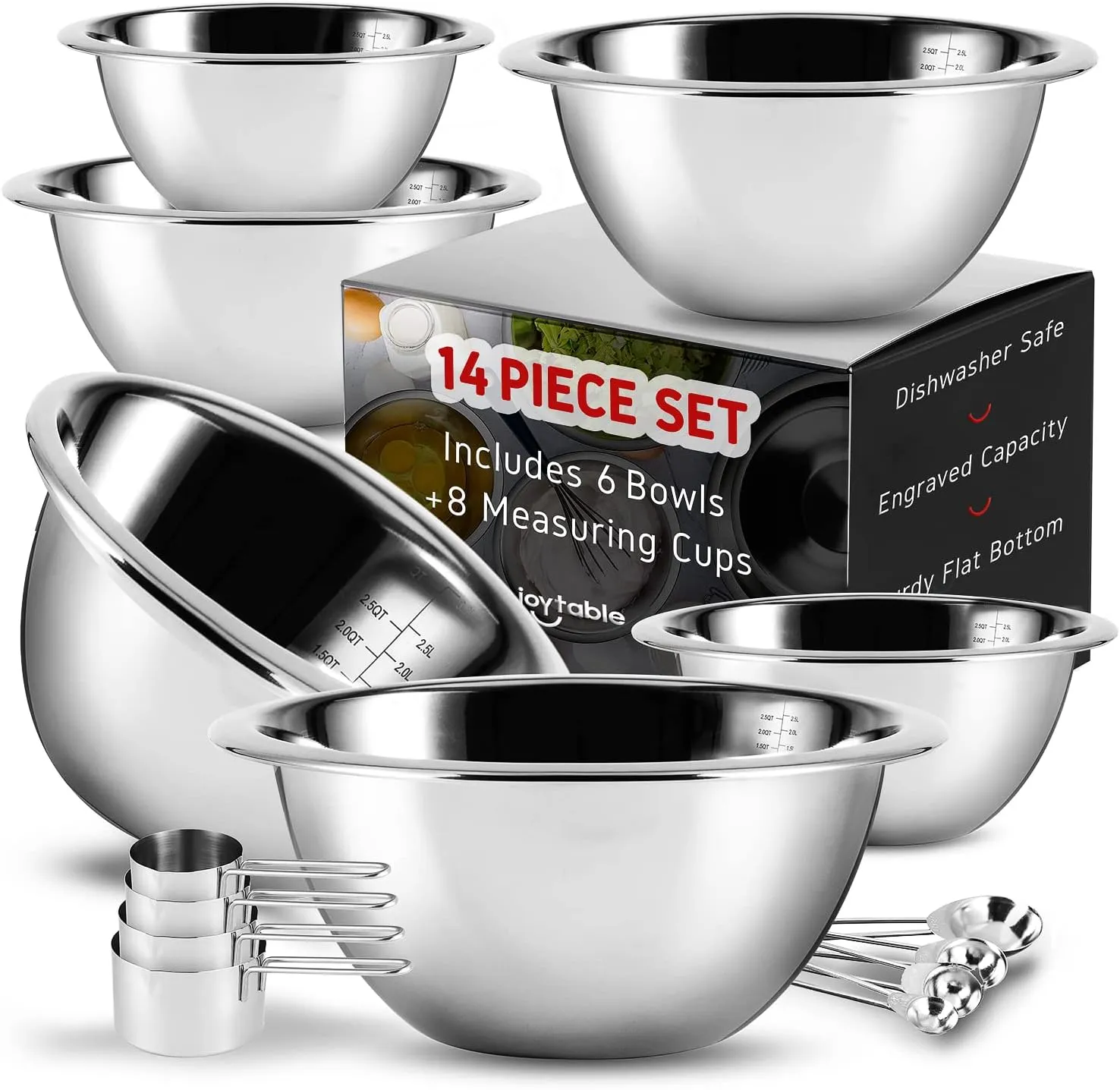 JOYTABLE 14 Piece Mixing Bowls With Measuring Cups And Spoons Set - Premium Stainless Steel Mixing Bowls Set - Nesting & Stable Metal Mixing Bowls Great For Kitchen, Baking, Cooking, Or Prep