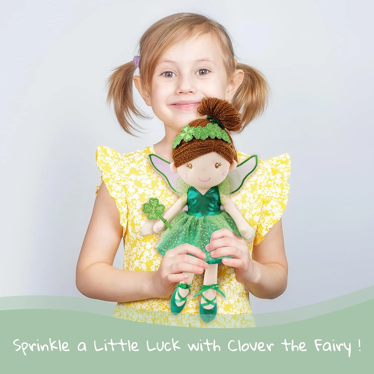 June Garden 16" Enchanted Garden Fairy Penny The Lucky One - Plush Stuffed Soft Doll Girl Gift - Green Outfit and Wings