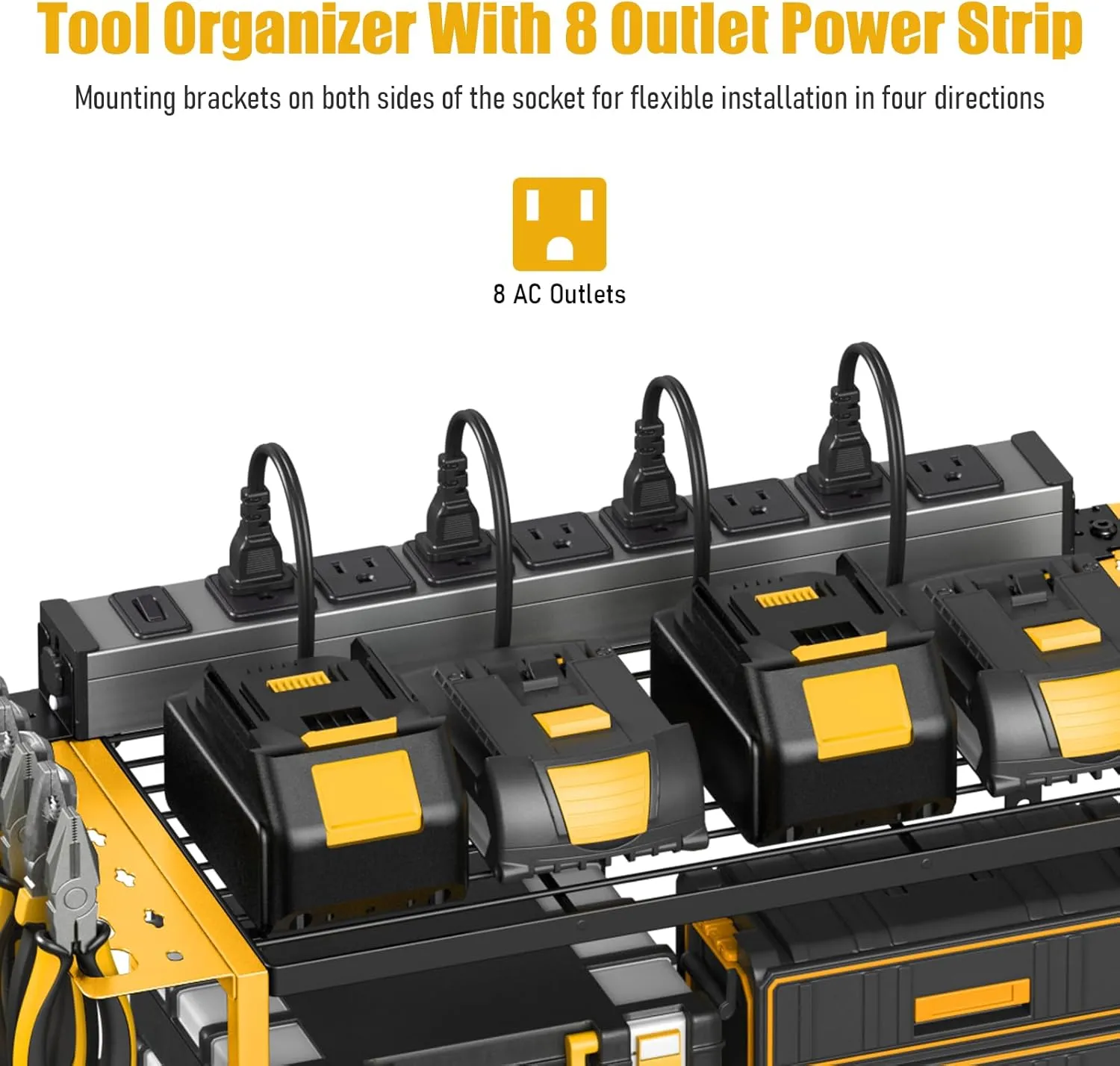 JUNNUJ Tool Organizer with Charging Station, 3 Layers Wall Mount Garage Tools Storage with 8 Outlets Power Strip, 4 Drills Holder Battery Heavy Duty Metal Shelf, Utility Rack with Hooks, Yellow