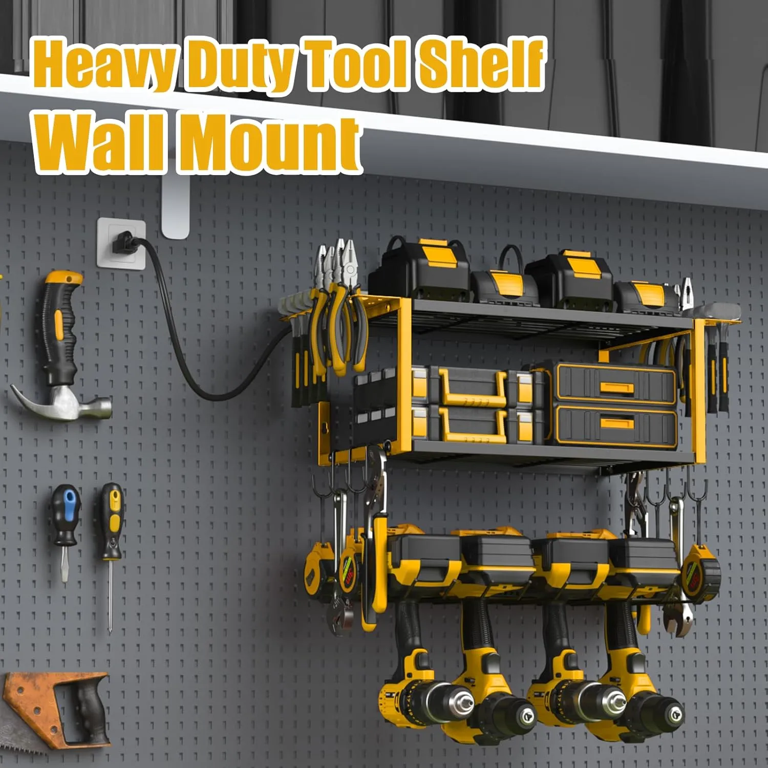 JUNNUJ Tool Organizer with Charging Station, 3 Layers Wall Mount Garage Tools Storage with 8 Outlets Power Strip, 4 Drills Holder Battery Heavy Duty Metal Shelf, Utility Rack with Hooks, Yellow