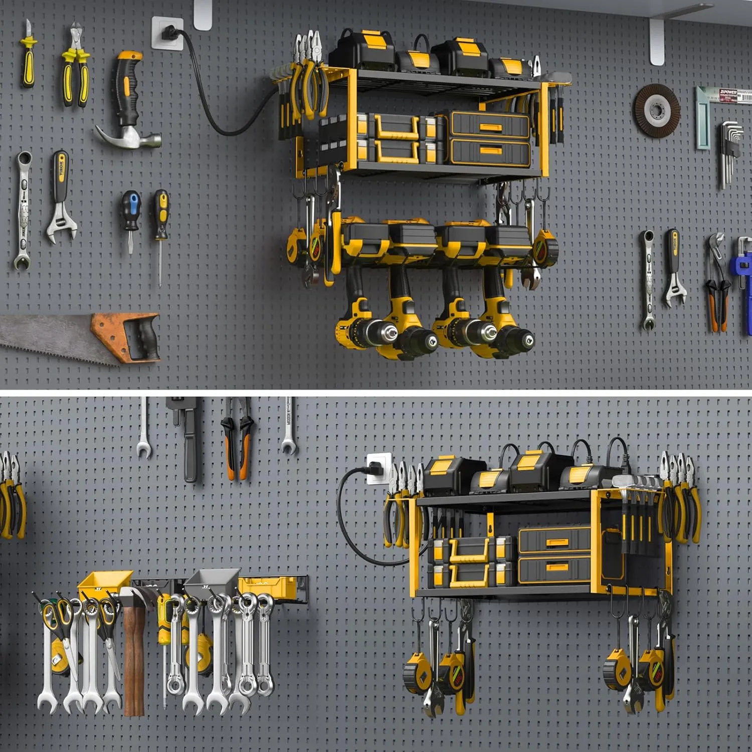JUNNUJ Tool Organizer with Charging Station, 3 Layers Wall Mount Garage Tools Storage with 8 Outlets Power Strip, 4 Drills Holder Battery Heavy Duty Metal Shelf, Utility Rack with Hooks, Yellow