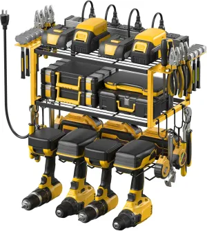 JUNNUJ Tool Organizer with Charging Station, 3 Layers Wall Mount Garage Tools Storage with 8 Outlets Power Strip, 4 Drills Holder Battery Heavy Duty Metal Shelf, Utility Rack with Hooks, Yellow