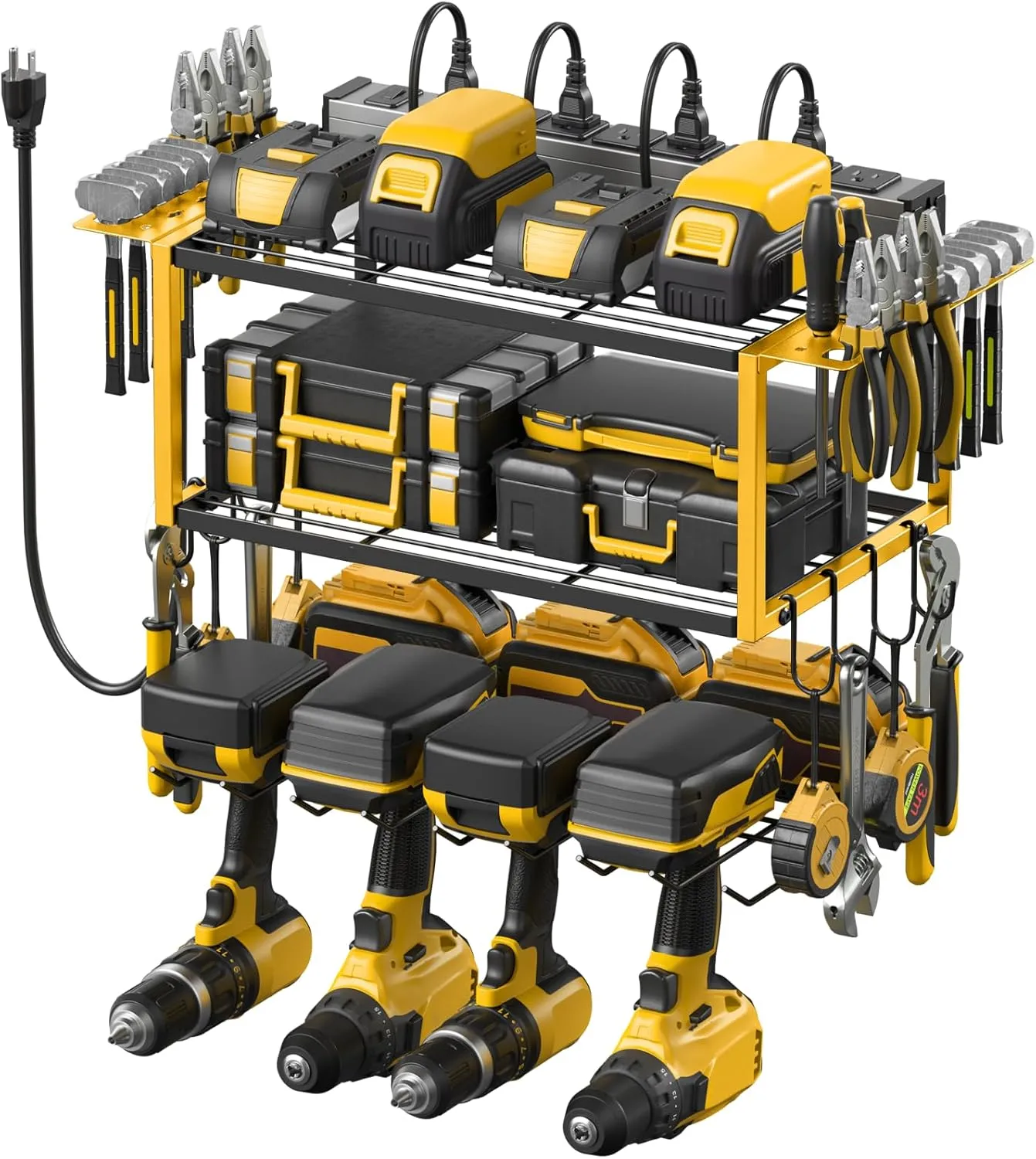 JUNNUJ Tool Organizer with Charging Station, 3 Layers Wall Mount Garage Tools Storage with 8 Outlets Power Strip, 4 Drills Holder Battery Heavy Duty Metal Shelf, Utility Rack with Hooks, Yellow