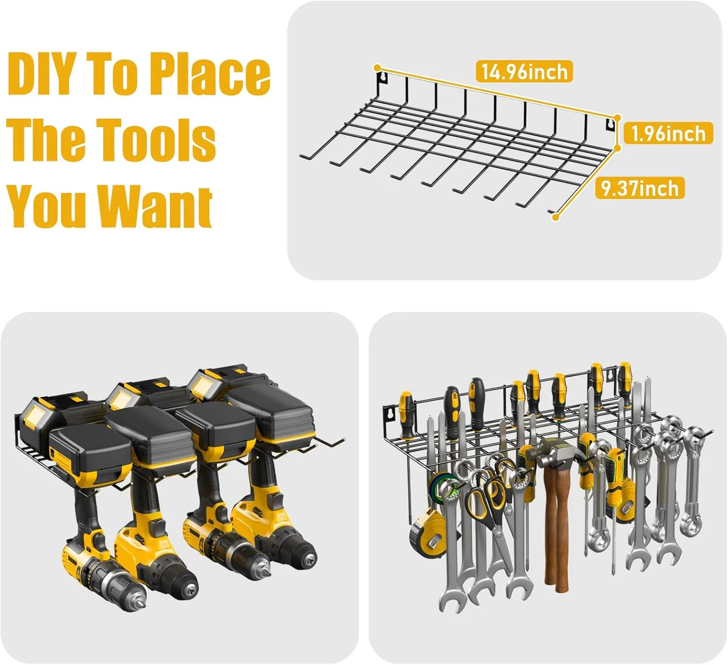 JUNNUJ Tool Organizer with Charging Station, 3 Layers Wall Mount Garage Tools Storage with 8 Outlets Power Strip, 4 Drills Holder Battery Heavy Duty Metal Shelf, Utility Rack with Hooks, Yellow