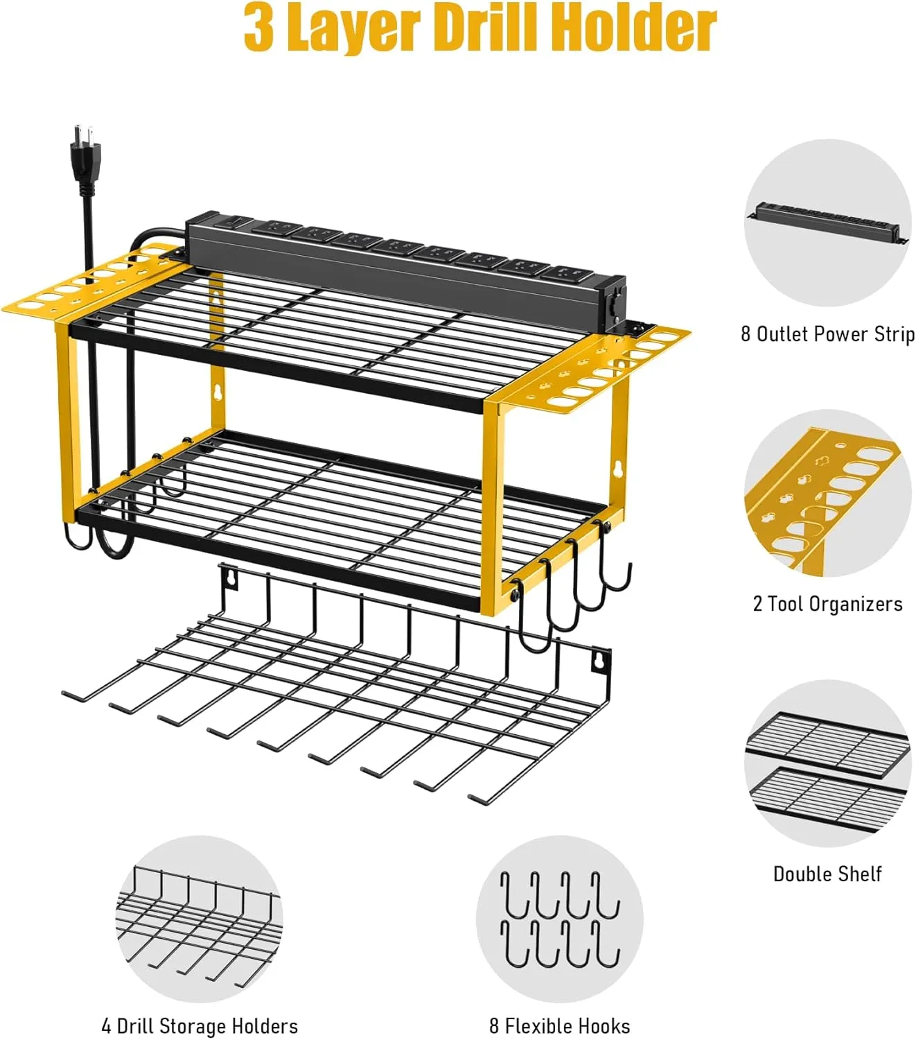 JUNNUJ Tool Organizer with Charging Station, 3 Layers Wall Mount Garage Tools Storage with 8 Outlets Power Strip, 4 Drills Holder Battery Heavy Duty Metal Shelf, Utility Rack with Hooks, Yellow