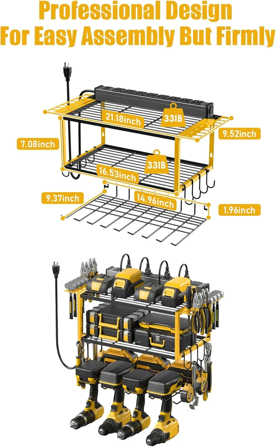 JUNNUJ Tool Organizer with Charging Station, 3 Layers Wall Mount Garage Tools Storage with 8 Outlets Power Strip, 4 Drills Holder Battery Heavy Duty Metal Shelf, Utility Rack with Hooks, Yellow