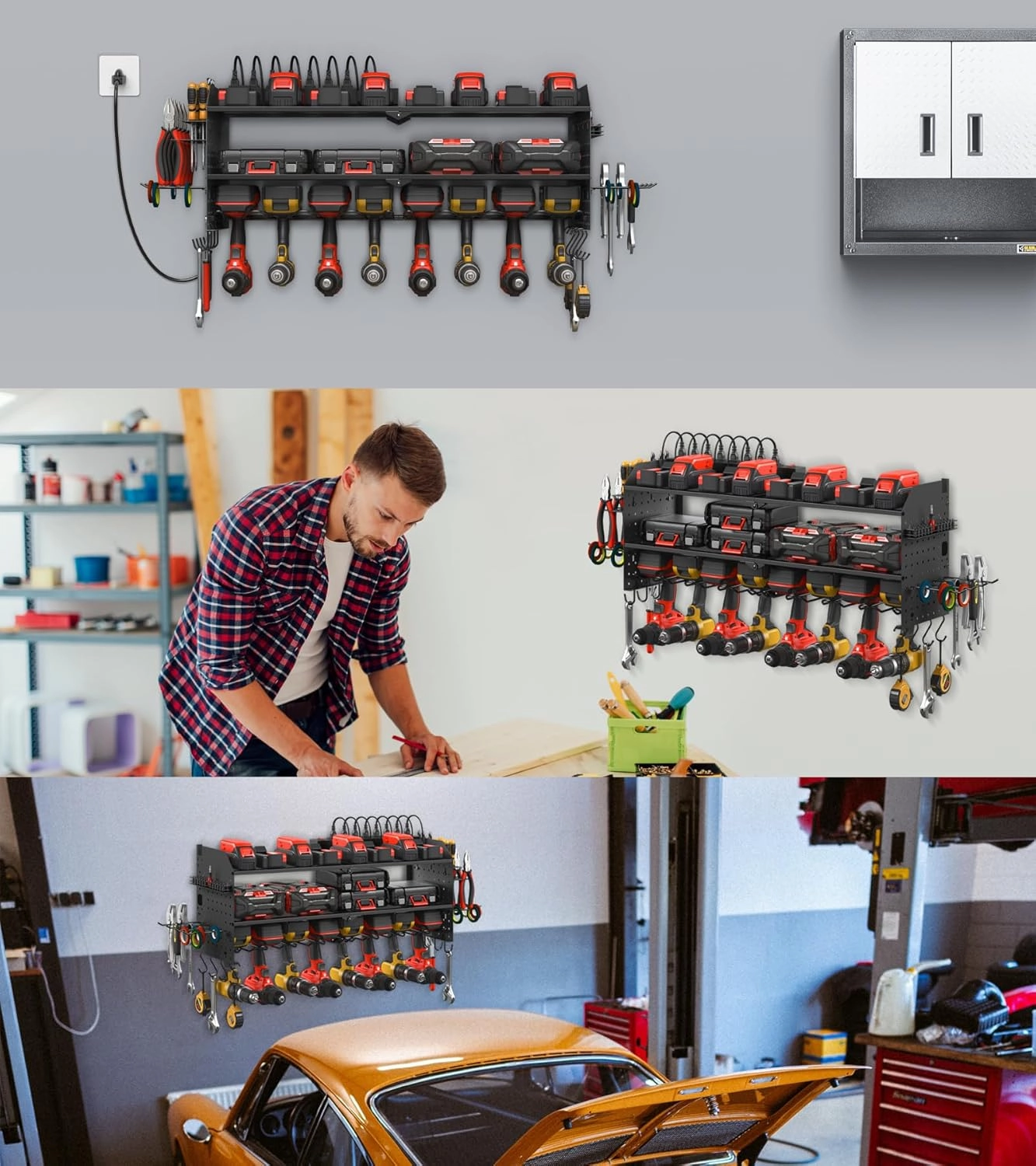 JUNNUJ Large Pegboard Power Tool Organizer with Charging Station, 8 Drills Driver and Tools Battery Holder Wall Mount with 8 Outlet 10 FT Power Strip, Black 3-Layer Shop Garage Storage Utility Rack