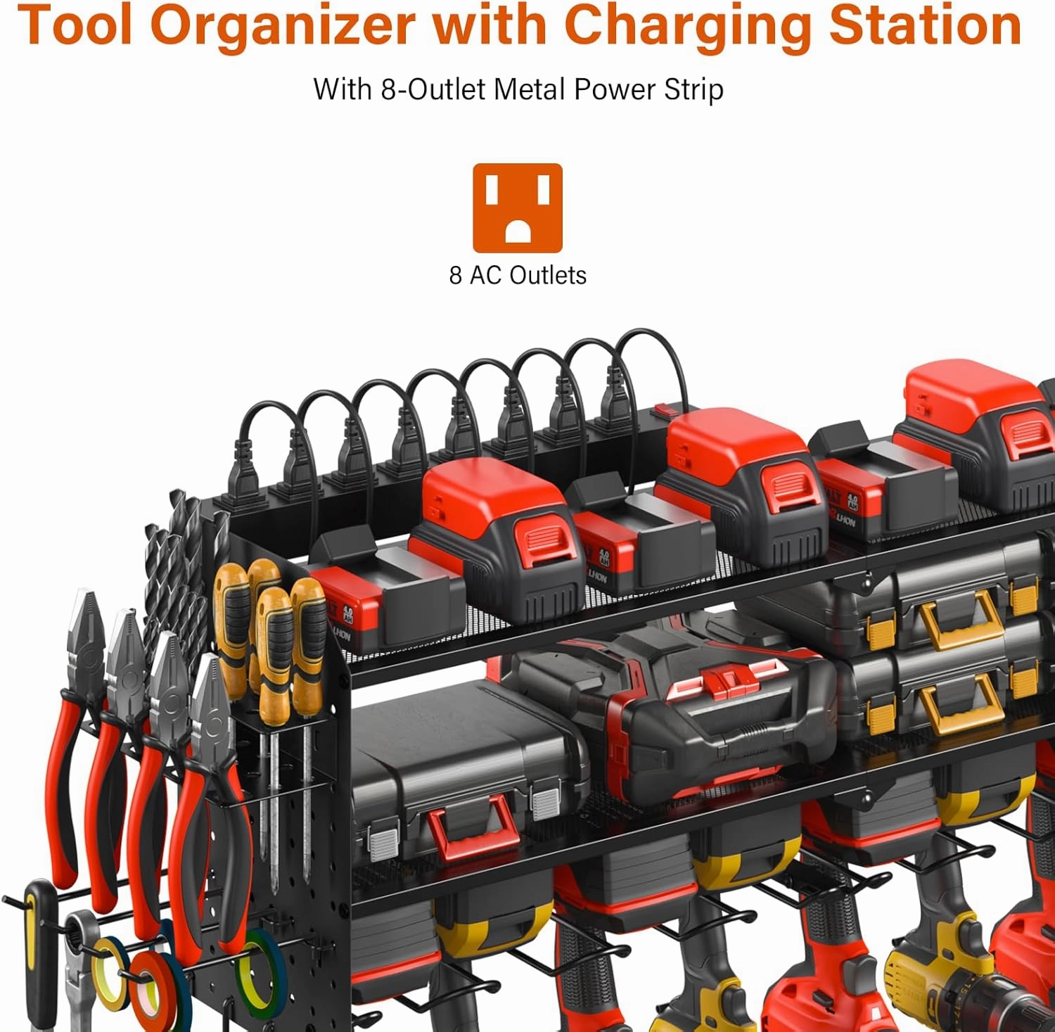 JUNNUJ Large Pegboard Power Tool Organizer with Charging Station, 8 Drills Driver and Tools Battery Holder Wall Mount with 8 Outlet 10 FT Power Strip, Black 3-Layer Shop Garage Storage Utility Rack