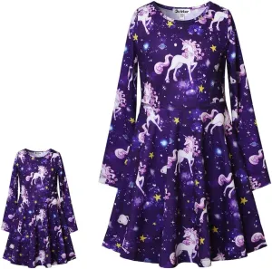 Jxstar Girls&Doll Matching Dresses Long Sleeve Unicorn Mermaid Outfits Clothes